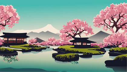 Japanese garden with cherry blossoms or sakura and lake with mountains