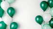   A collection of green and white balloons hover above a pristine white backdrop, consisting of a surface and a wall