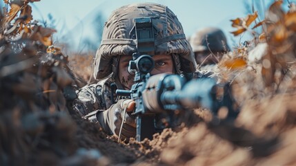 A soldier with a machine gun in a trench in a combat position during a combat mission