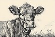 Close-up of a cow. Vintage sketch illustration. Agriculture industry and livestock husbandry. Farming lifestyle, farmland. Design for banner, poster 