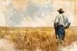 Farmer in wheat field. Watercolor illustration. Agriculture industry concept. Farming lifestyle, farmland. Design for banner, poster with copy space