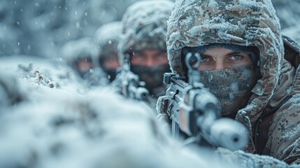 Wall Mural - A group of soldiers with weapons in a trench in a combat position during a combat mission in winter