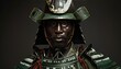 An actual african samurai dressed in green shield with a black mask