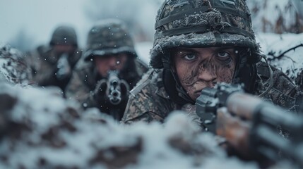 Wall Mural - A group of soldiers with weapons in a trench in a combat position during a combat mission in winter