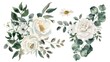 Watercolor Floral Illustration Set,  Bouquets and Wreaths Featuring White Flowers and Greenery