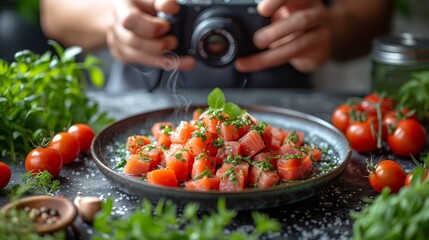 Wall Mural -  tomatoes, parsley on table, camera in hand