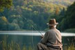 elderly man sitting by a calm lake fishing rod in hand, old man fishing in the lake, a man fishing in the lake, lake fishing, fishing, an elderly man fishing