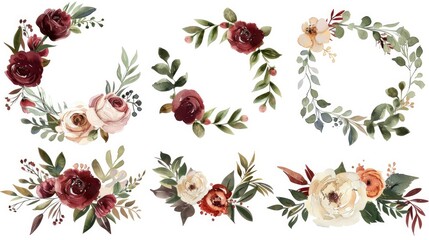 Wall Mural - A collection of watercolor floral wreath border bouquet frames with green leaves