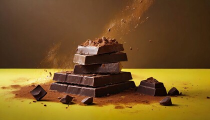 Wall Mural - Dark chocolate bars on yellow background with falling cocoa powder.
