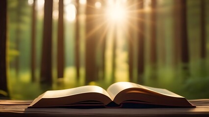 Wall Mural - Open book lying on table in forest nature, sunlight