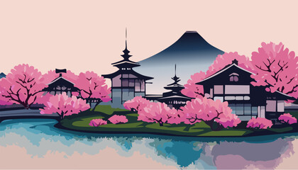 Wall Mural - Japanese garden with cherry blossoms or sakura and lake with mountains