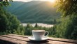 © Andrey - Coffee cup on wooden table in front of mountain landscape.