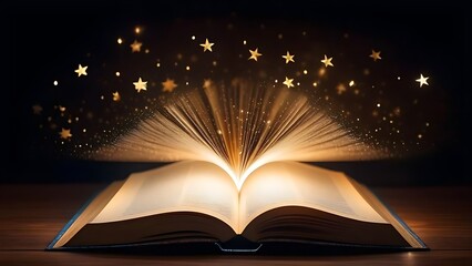 Wall Mural - Magic book among golden glowing stars