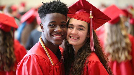 Wall Mural - International Student's Day, world, portrait of a happy European girl and an African-American guy in a red academic cap, graduation celebration, friendship, couple
