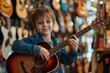 Young Boy Holding Guitar in Store