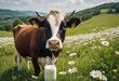 Ländliche Idylle: Kuh und Milchkanne vereint auf grüner Wiese