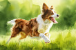 A lively dog dashing through green grass in a painting