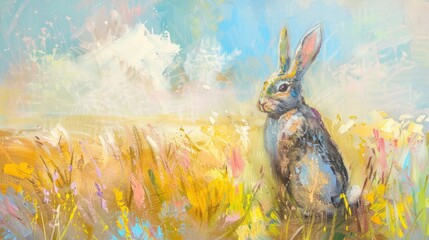 A lonely bunny at spring field oil painted, pastle colour painted vintage painting