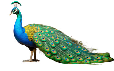 Wall Mural - A vibrant peacock proudly displays its grandeur with expansive blue and yellow feathers