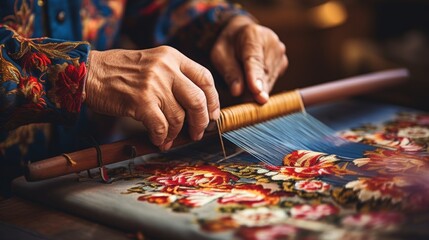 Skilled hands meticulously weaving intricate patterns on a traditional Turkish carpet loom