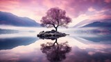 Fototapeta  - Purpel Tree or Lavender tree stands on a misty islet