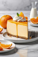 Wall Mural - Tasty orange cheesecake with oranges on a marble stone background.