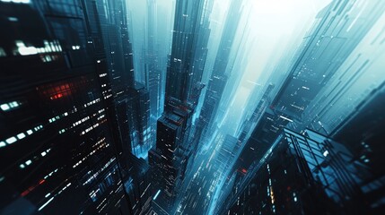 Poster - Dynamic 3D cityscape with futuristic skyscrapers, A futuristic urban landscape rendered in dynamic 3D, characterized by towering skyscrapers and advanced architectural design.
