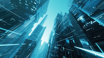 Poster - Dynamic 3D cityscape with futuristic skyscrapers, A futuristic urban landscape rendered in dynamic 3D, characterized by towering skyscrapers and advanced architectural design.