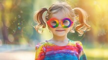 Cute Children With Rainbow Themed On Blured Colourful Background