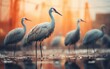 A flock of graceful birds standing in still water amidst reflections of the sky