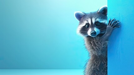 Wall Mural - cute raccoon peeks cautiously around a corner with a vibrant blue background. Generative AI	