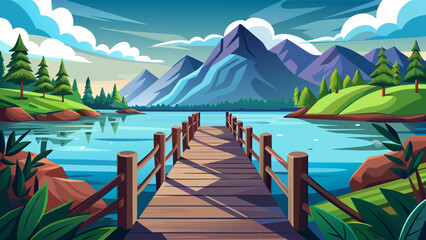 Wall Mural - wooden-pier-overlooking-the-lake-and-mountain-vect 