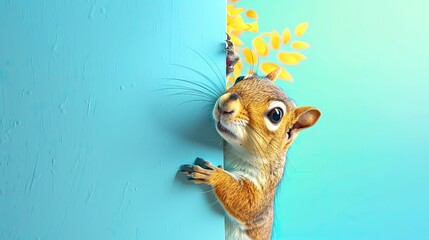 Wall Mural - portrait of a  cute squirrel Peeking Around a Corner on Blue Background. Generative AI