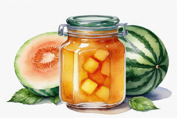 Wall Mural - Melon jam or marmalade and fresh melon in watercolor style.