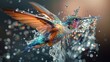 A colorful hummingbird is seen taking a bath in a pool of water, surrounded by splashes of water