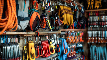 A rack of climbing gear with many different colored harnesses