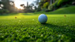 Morning Game on the Fairway: A Close-Up View of a Golf Ball on the Lush Green, Ready for the Next Swing at Sunrise, Generative AI