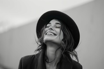 Wall Mural - Black and white portrait of a joyful woman wearing a hat, smiling with a blurred background.