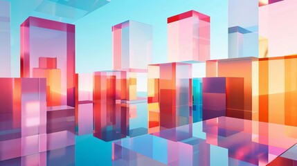 Poster - Abstract geometric composition with colorful translucent cubes and reflections, minimalist 3D illustration