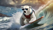 surfer bear with sunglasses on surfboard rides the wave in the sea landscape,chance,good time,opportunity,vacation,sport and summer concept