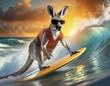 surfer kangaroo with sunglasses on surfboard rides the wave in the sea landscape at sunset,chance,good time,opportunity,vacation,sport and summer concept
