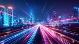 Fototapeta Mapy - Abstract speed light trails in futuristic smart city with neon skyscrapers, motion effect illustration