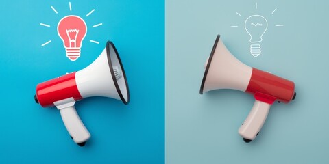 Wall Mural - Red and white megaphone and light bulb on blue background, marketing ideas concept