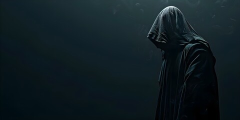 a mysterious figure in a dark hooded cloak stands in shadows barely visible in dim light. concept da