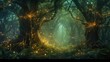 An enchanted forest with magical creatures, glowing plants, ancient trees, a hidden fairy village, mystical ambiance. Resplendent.