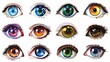 Collection of human eyes with diverse colors and patterns, realistic digital illustration isolated on white
