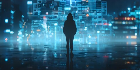 Wall Mural - The Enigmatic Hacker: Silhouetted Figure in Hoodie Against Digital Interfaces in a Futuristic Cyber Security Setting. Concept Hacker in Hoodie, Futuristic Setting, Cyber Security, Digital Interfaces