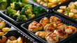 Plastic containers with tasty chicken fillets and vegetables, closeup