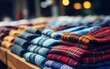 A colorful row of shirts neatly lined up on a rustic wooden table