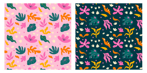 Wall Mural - seamless floral colorful vector pattern with abstract flowers and plants illustrations in cartoon fu